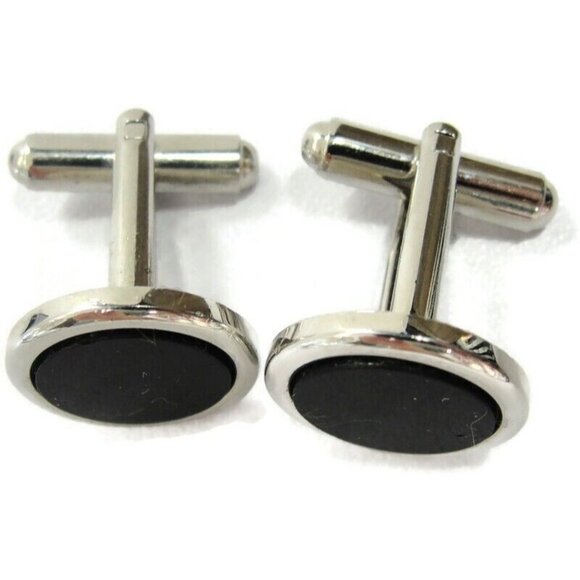 Silver Tone Black Round Cufflinks Wedding Tux Vintage - Picture 3 of 9